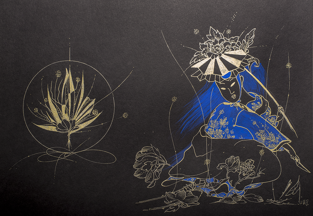 Dessin original représentant l'art de la composition florale - Ikebana, Arts traditionnels Japonais accompagné d'une geisha.