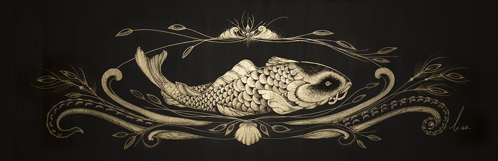 Le cabinet de curiosité - Tableau d'un poisson et ornements au style japonais, réalisation en noir et or
