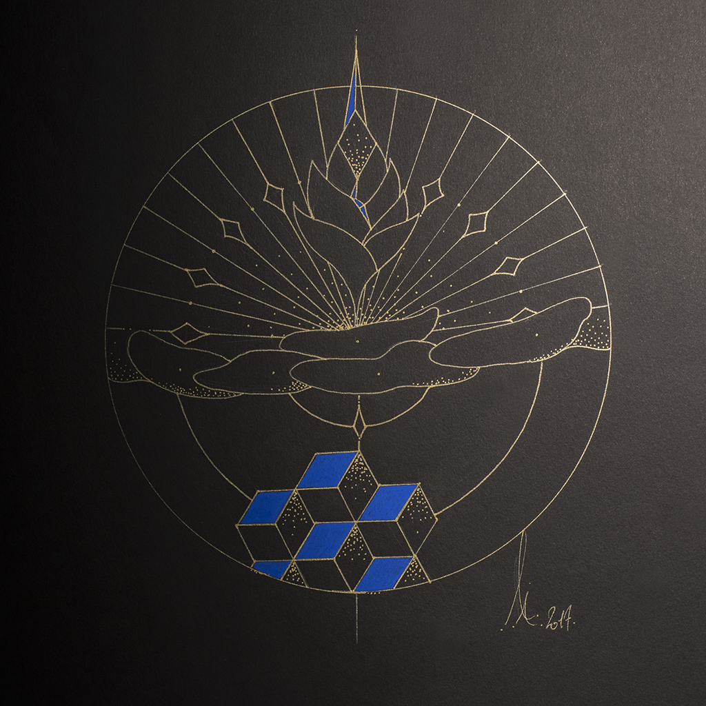 Le rayonnement du lotus, symbole d'espoir et de bienveillance. Lignes dorées sur support papier noir avec des touches de bleu faïence.