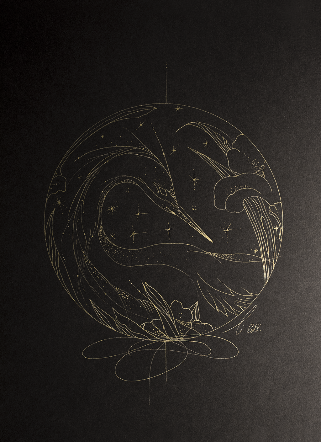 La grue et les étoiles, dessin de l'oiseau échassier migrateur de nuit avec des étoiles dorées