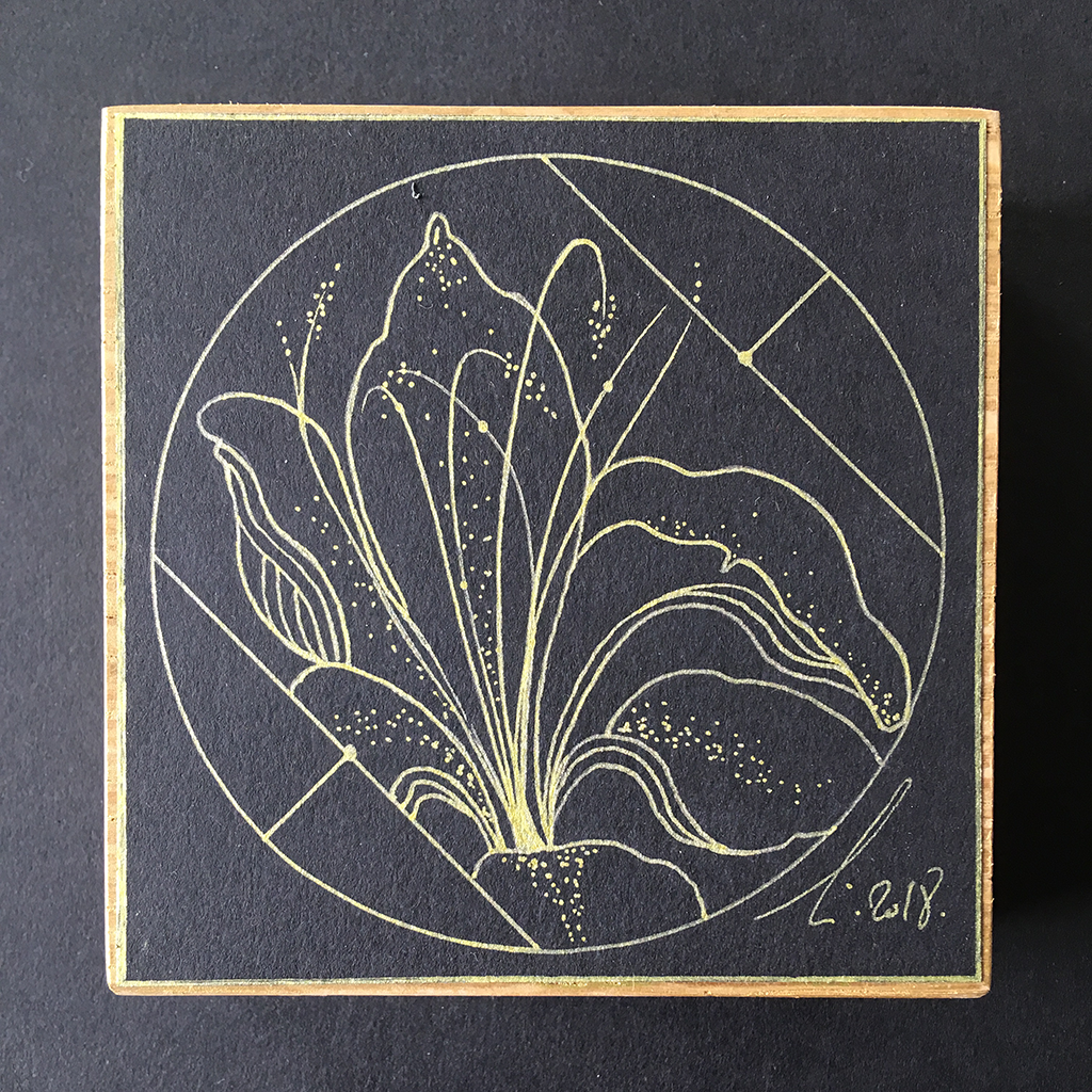 Dessin originale d'un soliflore, art mettant en avant une fleur, traits dorés sur papier noir
